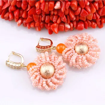 

Dudo Flower Earrings Dangle Peach Color African Beaded Drop Earrings Jewelry Zircon Crystal Craft Bridal Wedding Party Girl Set
