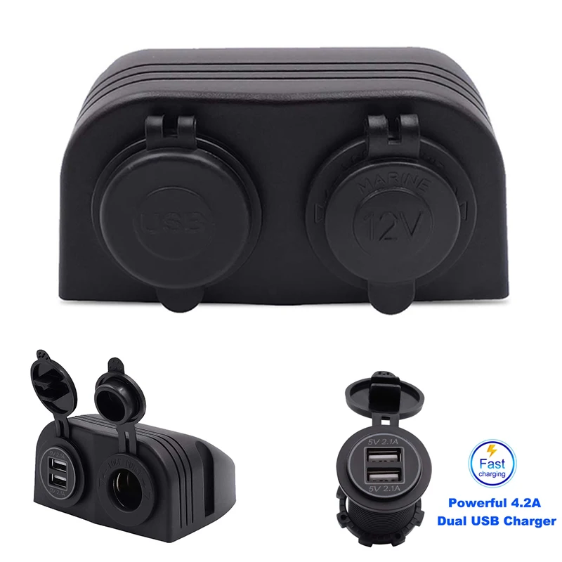 

Two Hole Panel for Boat Marine ATV RV With 2.1A, 5V 2 USB Charger and Cigarette Lighter Socket