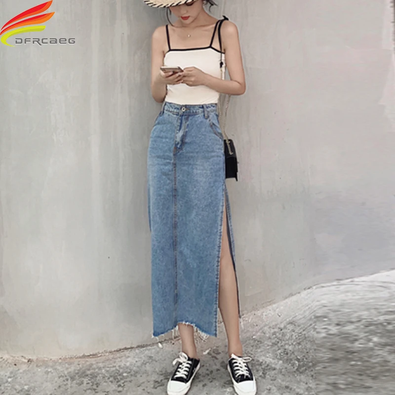 

New 2021 Summer Long Denim Skirt Women High Waist Sky Blue Slit Maxi Jean Skirts With Pockets Korean Style Jupe Longue Femme