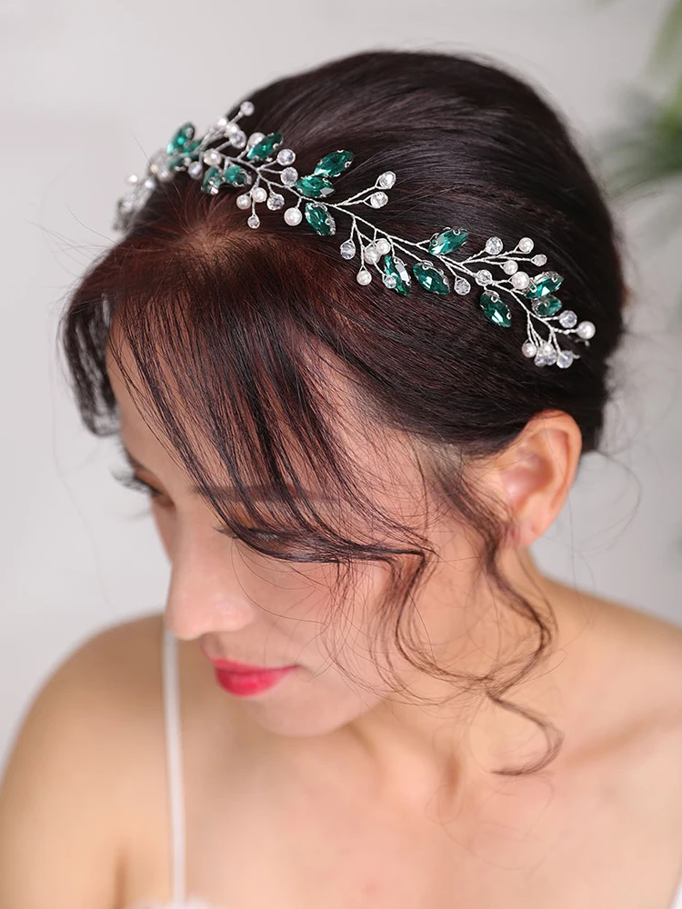 Bohemian Hair Band Green Hair Jewelry Rhinestone Crystal Headpieces Party For Women Bridal Headwear Wedding Accessories