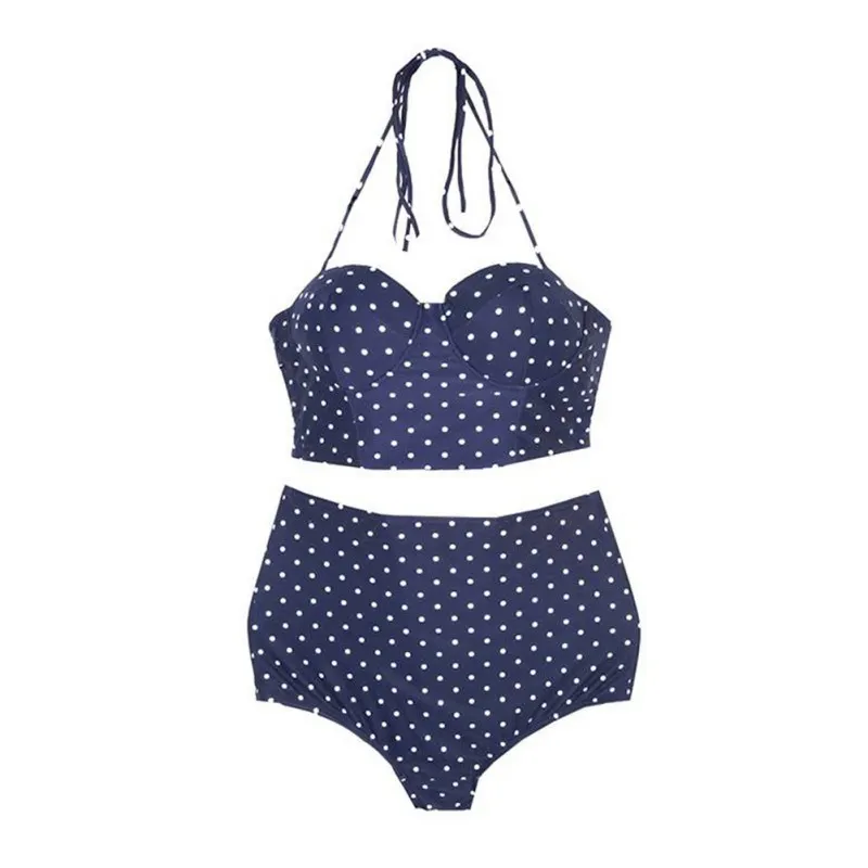 

Women Sexy Sweet Dot Print Simple High Waist Halter Cross Strap Bandage Split Bikini Set Swimsuit