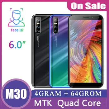 

M30 Face ID 6.0inch Screen Cell Phones Quad Core 4GRAM+64GROM Smartphones 5MP+13MP MTK Android Mobile Phone unlocked celulares