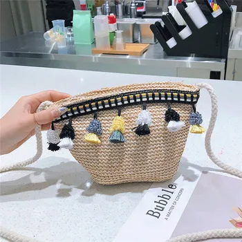 

New Women Bag Lovely Handmade Straw Rattan Bag For Lady Kids Girls Fashion Messenger Tassel Shoulder Travel Beach Bags Vintage