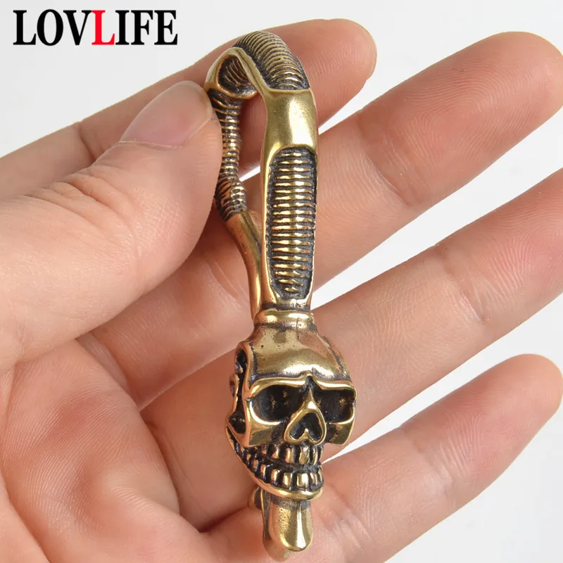 Bronze Skull Hook For Chain And Keys Keyring Brass Wallet Biker Rock Style