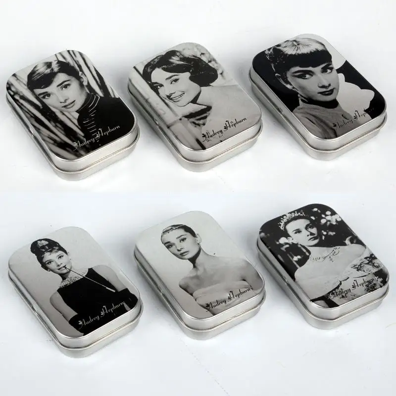 

12pc/lot Classic Audrey Hepburn Printing Mini Tin Storage Box Retro Metal Jewelry Case Small Pill case 6 design mix Collect box