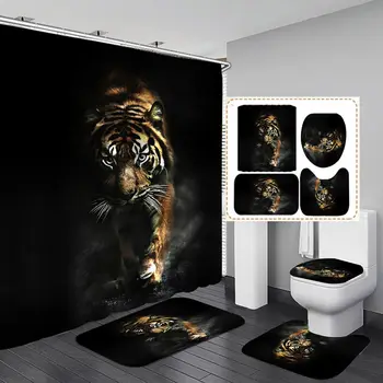 

Tiger Flannel Bath Mat Toilet Cover Rugs Fabric Shower Curtain With 12 Hooks Black Home Bathroom Decor Set