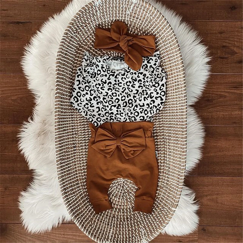 Baby Clothing Set classic 3pcs Baby Girl Autumn Clothes Newborn Baby Leopard Printed Long Sleeve Romper Tops Pants Headband Outfits Set 0-24M baby clothes in sets	