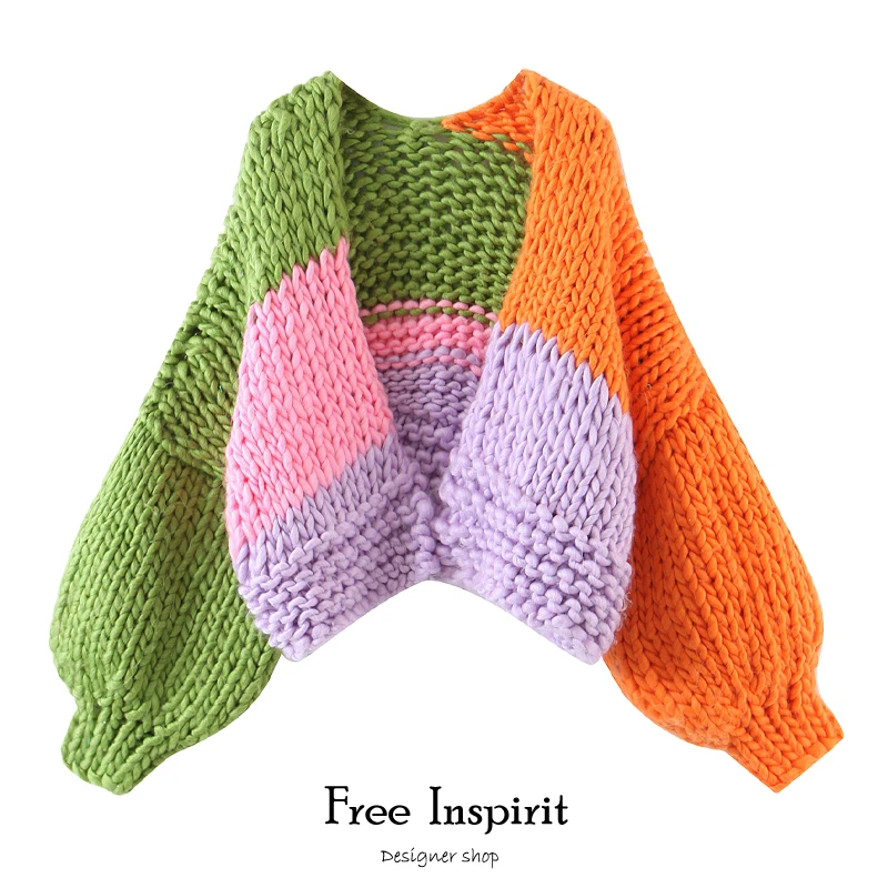 

Winter High Street Style V-neck Hand Knitted Batwing Sleeve Lady's Cardigan Acrylic Candy Color Stitching Women's Thick Sweater