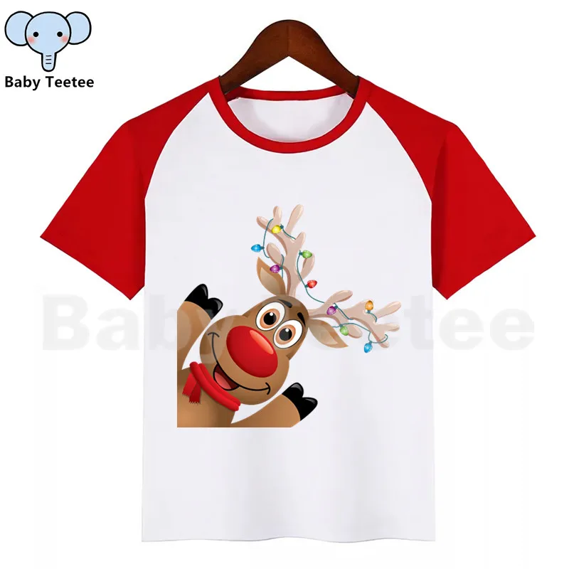 Детская футболка с рисунком Санта-Клауса и оленя; веселые детские топы; детская футболка с короткими рукавами; одежда для малышей - Цвет: D114-RedD