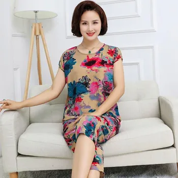 

New mother pajamas set female summer cotton linen sleepwear pijama short sleeve cropped pant two-piece suit home clothes XL-4XL