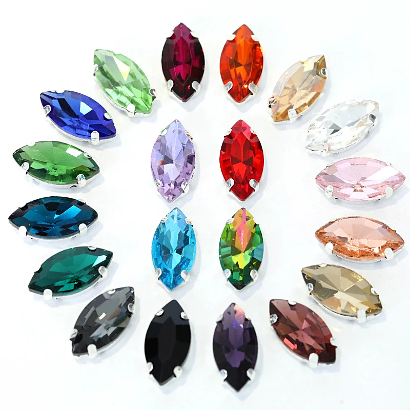 High Quality Nice Glass Crystal Leaf Sew On Rhinestone Silver Claw Setting Marquise Sew On Claw