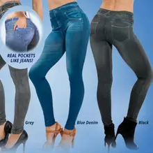 Aliexpress - Slim Women Leggings Plush Lined Winter Faux Denim Jeans Leggings 2 Real Pockets Fashion Fitness Leggings High Waist Pencil Pants