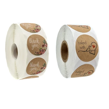 

500pcs 1 Inch Round Natural Kraft Baked with Love Stickers & 500pcs Kraft Floral Thank You Stickers - 1 Inch Circle Labels