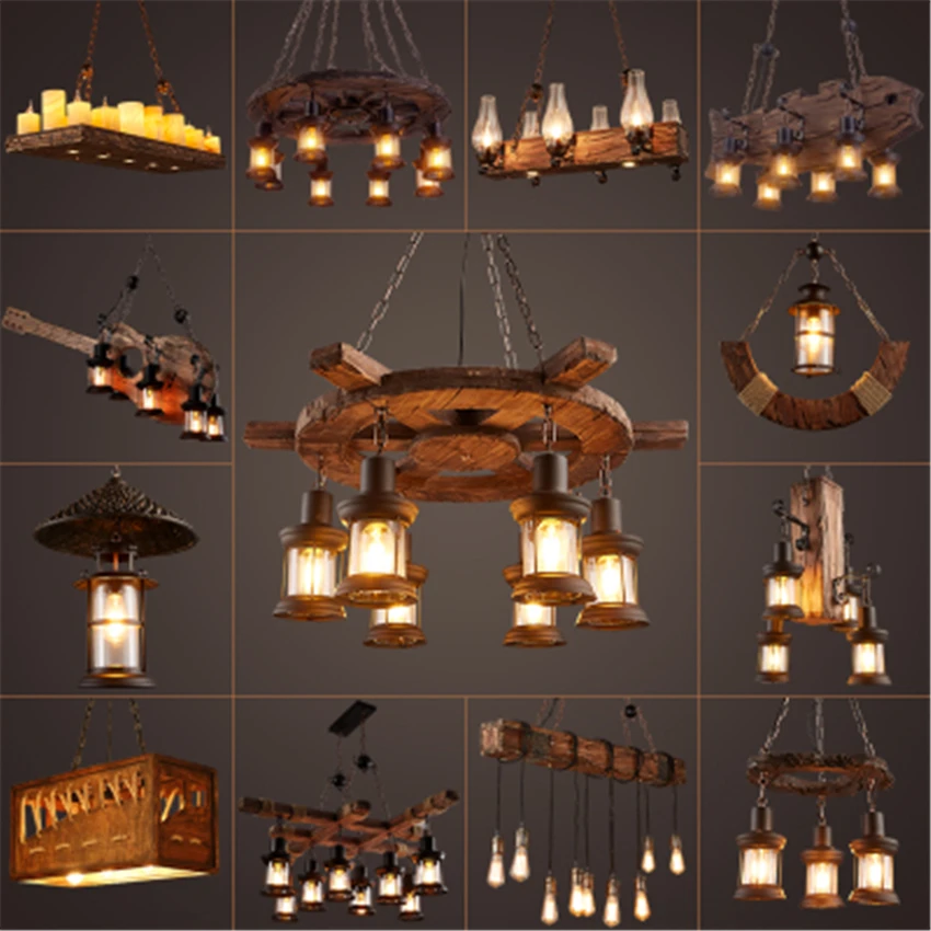 

American Retro Cafe Bar Solid Wood Pendant Lamps Industrial Wind Loft Living Roon Restaurant Indoor Deco Hanging Lamp Luminarie