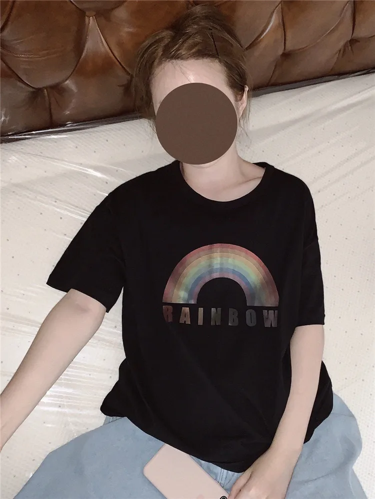 Harajuku Радужная Женская Черная Футболка уличная Tumblr Heated Graphic Femme футболки Kawaii с коротким рукавом забавные винтажные футболки