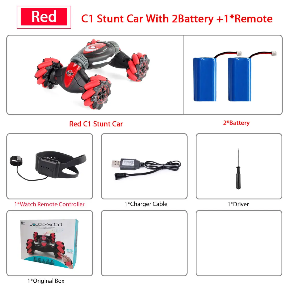 RED 1Remote 2B Remote Control Stunt Car Gesture Induction Twisting Off-Road Vehicle Light Music Drift Dancing Side Driving RC Toy Gift for Kids - Color: RED 1Remote 2B