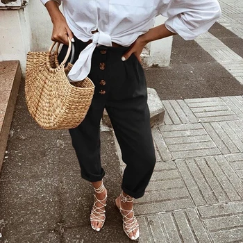 

Cotton Vintage Harem Pants Women Spring Button High Waist Loose Trousers Woman Female Pants Retro Girl Casual Streetwear 2020