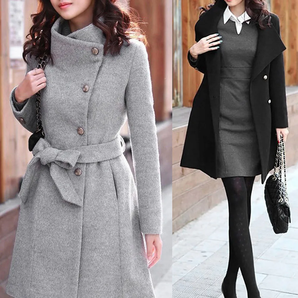 Женские зимние пальто, зимнее теплое пальто из смешанной ткани, шерстяное пальто с отворотом, Тренч, куртка с длинным рукавом, повседневное облегающее пальто, верхняя одежда, топы 9820