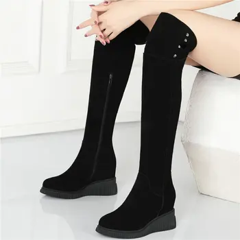 

Winter Fashion Sneakers Women Genuine Leather Over The Knee High Boots Female Round Toe Wedges High Heel Platform Pumps Shoes