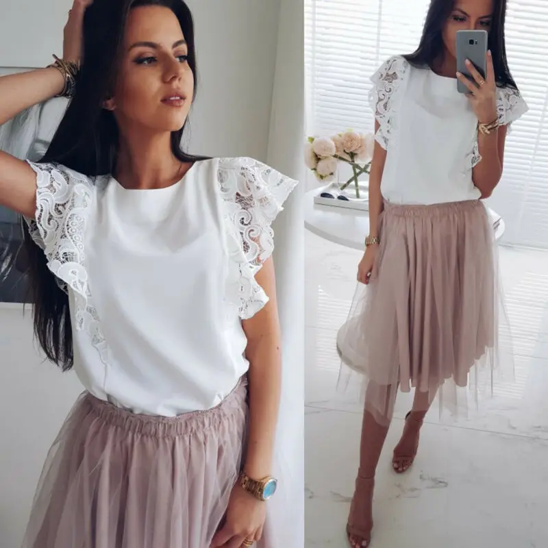 

New Women Summer Lace Patchwork Fly Sleeve O Neck Office Ladies Casual Tops T-Shirt Loose Shirts