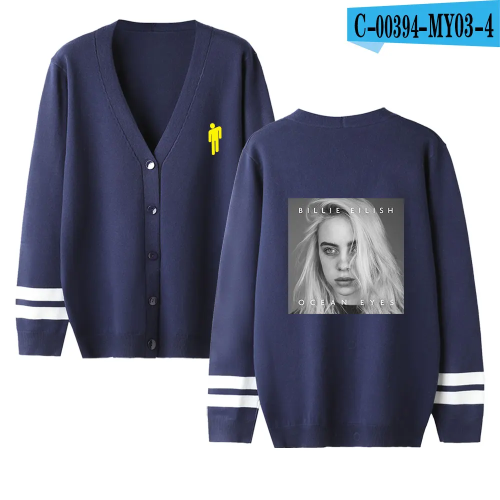 Billie Eilish v-образный вырез сплошной цвет свободный свитер однобортный Повседневный вязаный кардиган осень/зима пальто женский свитер размера плюс - Цвет: navy