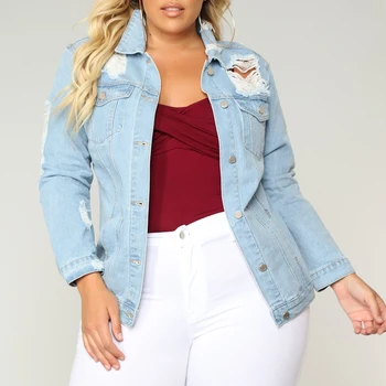 

Women's Fashion Plus-size Denim Jacket Denim Ripped Cowboy Hole Long Sleeve Single-breasted Pocket Turndown Collar Jackets
