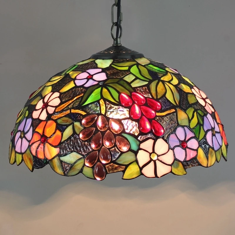 

Tiffany Baroque Stained Glass Suspended Luminaire E27 LED Iron Chain Pendant Light Lighting Lamp for Home Parlor Dining Room