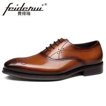 

Amazing Genuine Leather Men's Oxfords Square Toe Laces Man Wedding Bridal Flats Formal Dress Handmade Carved Shoes YMX789