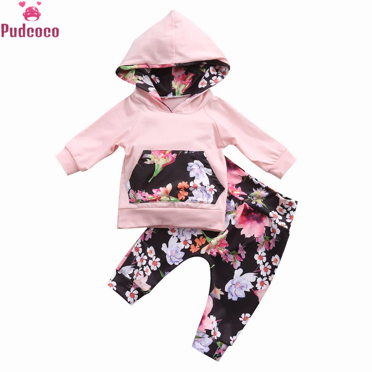 

Autumn Winter 2PCS Infant Newborn Baby Girls Clothes Set Pocket Patchwork Hooded Tops +Floral Leggings Outfit Baby Clothing