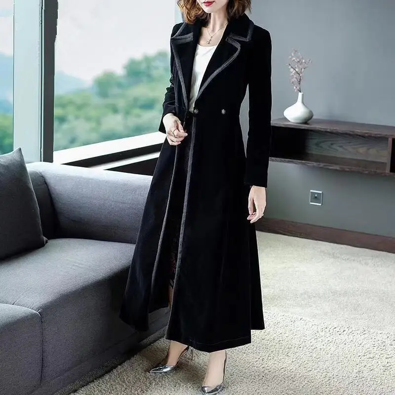 Весна осень бургундское вельветовое длинное пальто женская верхняя одежда винтажное тонкое плотное теплое длинное пальто до лодыжки - Цвет: Черный