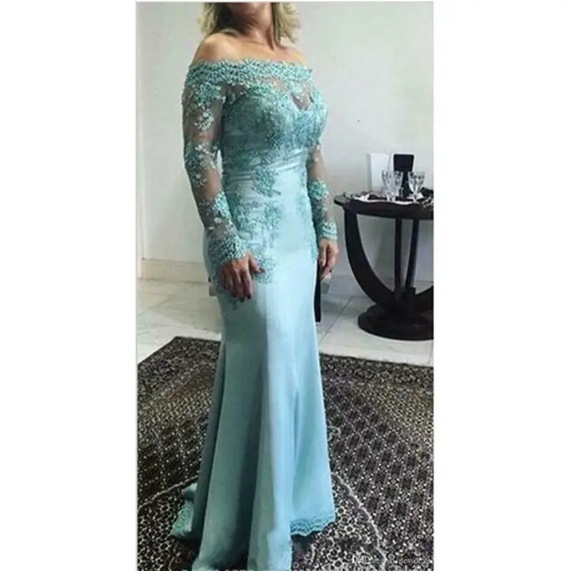 Hot Elegant Moeder van de Bruid Jurken Off Shoulder Kant Geappliceerd Lange Mouwen Avondjurken Custom Floor Lengte Bruiloft Gast Hot Elegant Moeder van de Bruid Jurken Off Shoulder Kant Geappliceerd Lange Mouwen Avondjurken Custom Floor Lengte Bruiloft Gast