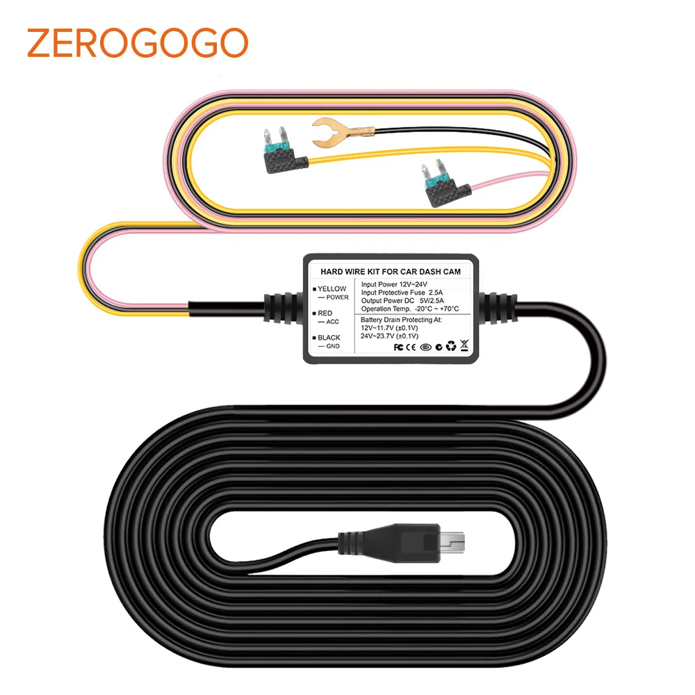 Комплект жесткого провода ZEROGOGO 12 В до 5 Кабель адаптер для видеорегистратора