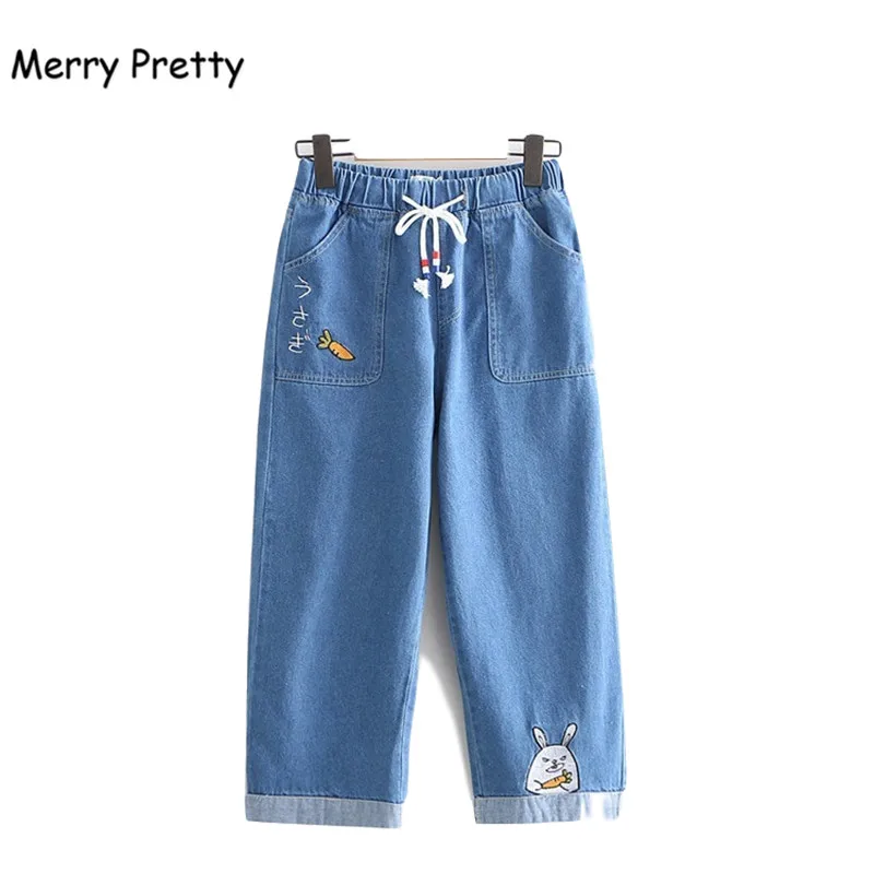 

Merry Pretty Ripped Jeans women rabbit carrot embroidery funny loose denim pants female elastic waist baggy pants autumn trouses