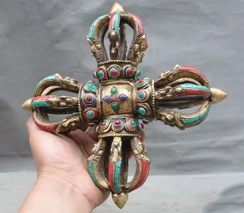 

wedding decoration 9"Tibetan Buddhism Bronze Inlay turquoise gem Vajra Dorje Phurpa Exorcism Faqi