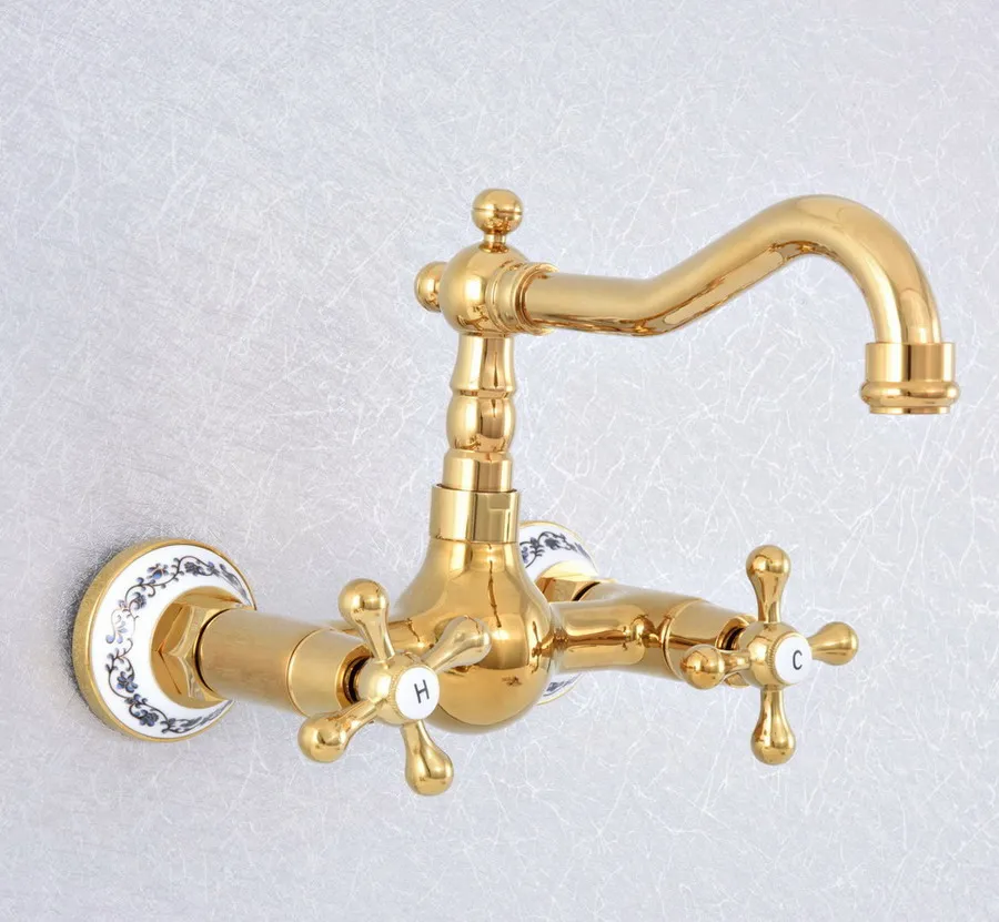 Gold Polished Double Handle Swivel Spout Kitchen Mixer Faucets Solid Brass Basin Mixer Faucet with Ceramic Crane Ksf619
