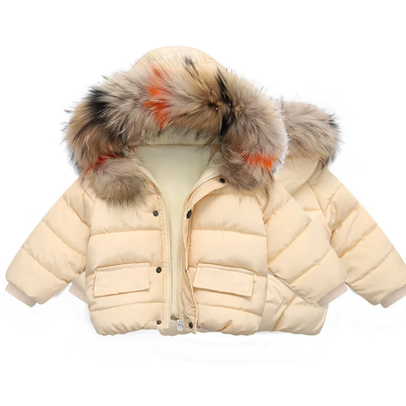 Детские зимние куртки для маленьких девочек, парка пуховые пальто с капюшоном детская верхняя одежда, пальто для мальчиков, куртки, одежда для 2, 3, 4, 5, 6, 7 лет - Цвет: Бежевый