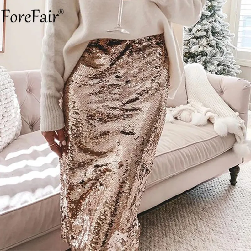 Preise Forefair Pailletten Rock Party Bodycon Midi Sommer Herbst Frauen Sexy Clubwear Hohe Taille Dame Casual Gold Schwarz Lange Röcke