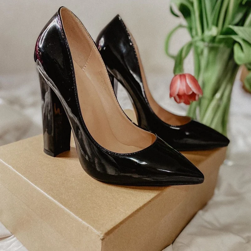 Block Heel Pumps Ladies Shoes Block High Heels Pointed Toe