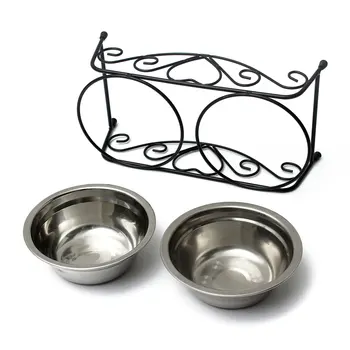 

Hot Stainless Steel Pets Small Dog & Cat Double Diner Water Feeder with Bowls Retro Iron Stand Dog Feeders