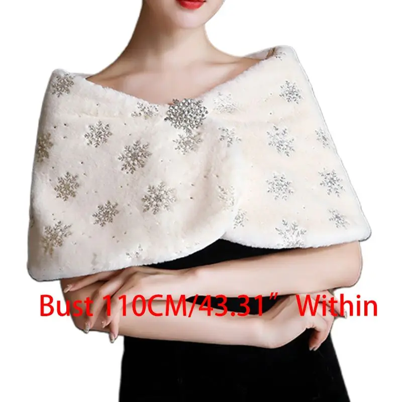 Womens Winter Thicken Plush Wedding Shawl Bolero Wrap Snowflake Embroidery Bridal Stole Scarf Cape with Rhinestone Flower Buckl