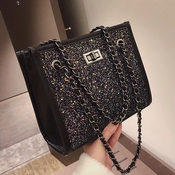 

Elegant Female Sequin Tote bag 2019 Summer New Quality PU Leather Women's Designer Handbag Lock Chain Shoulder Messenger Bag