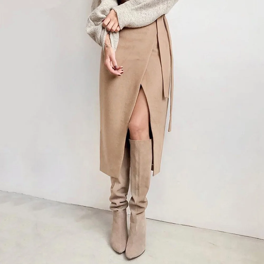 

Women Winter 2019 Warm Thick Bold Color Khaki Woolen Skirts Minimalist Mid-Calf Split Fashion Straight Retro Skirts Street Wear