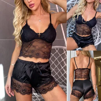 

See-through lace stitching pajamas Women Lace Lingerie V-Neck Sleepwear Underwear Short Bowknot Pajamas Set Sexy woman daily T5