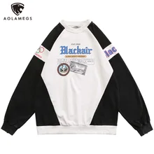 

Aolamegs Sweatshirts Men Hit Color Patchwork Letter Broken Hole Varsity Pullovers Couple Tops Youthful Men‘s Clothing Streetwear