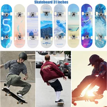 

7-layer maple wood soft PU bushings skate board Standard Complete Double Kick Skateboards 31x 8 Inch for Adult Beginner Teens