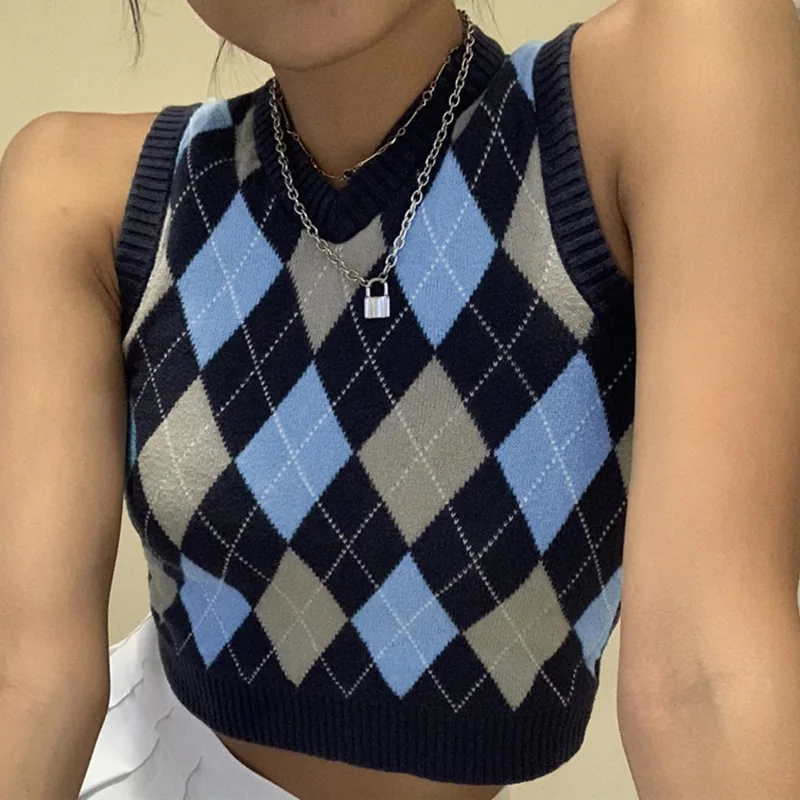 

V Neck Vintage Argyle Sweater Vest Women Y2K Black Sleeveless Plaid Knitted Crop Sweaters Casual Autumn Preppy Style Pullover