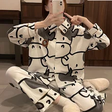 New Women's Cow Print Pajamas Set Spring and Autumn Style Female Sleepwear Long Sleeve Trousers Sleep Bottom Thin Style Homewear