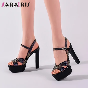 

SARAIRIS Luxury Brand New Ladies Party Ol Sexy Crystal Sandals Genuine Leather Sandals Women Extreme High Heels Shoes Woman