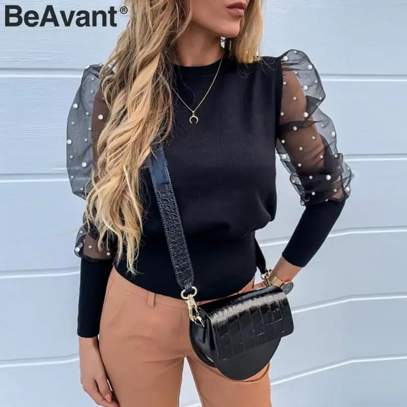 BeAvant элегантная перламутровая сетчатая блузка, женская рубашка с пышными рукавами, Женский трикотажный топ, рубашка, Повседневная Осенняя праздничная одежда, женские топы
