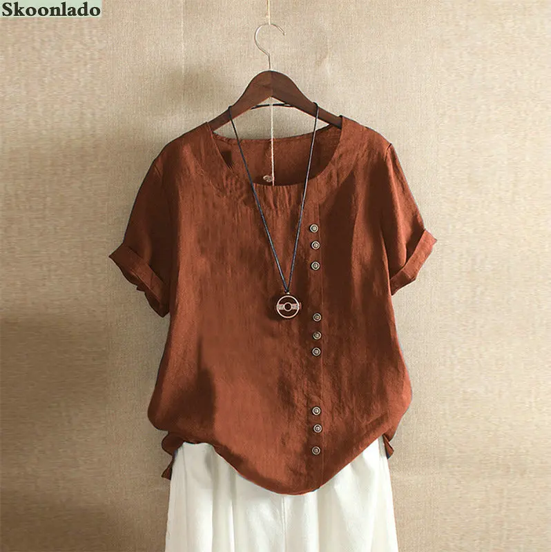 Women Cotton Linen Casual Lady Blouse 